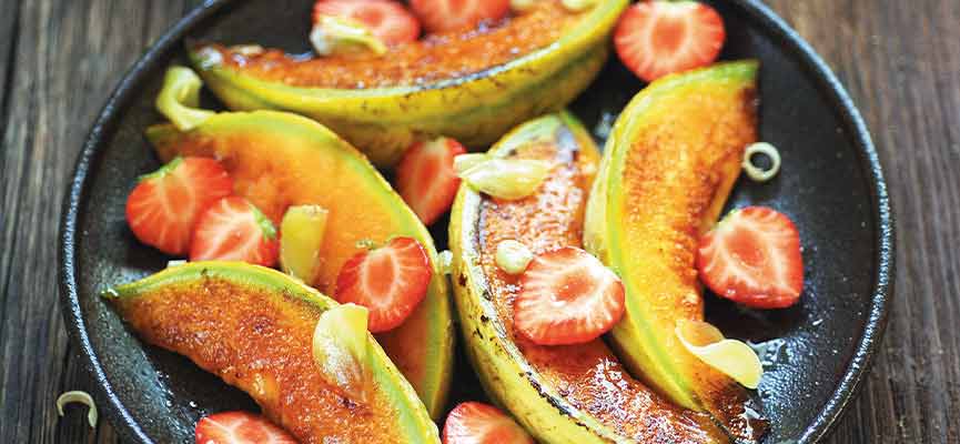 Melon et fraises au sirop acidulé Melon et fraises au sirop acidulé